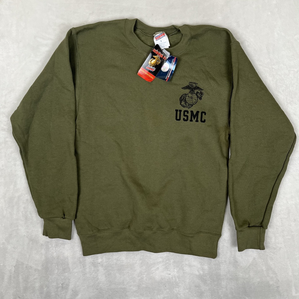 Vintage USMC Sweatshirt Mens Small Green Fleece Crewneck Pullover Soffe Marines